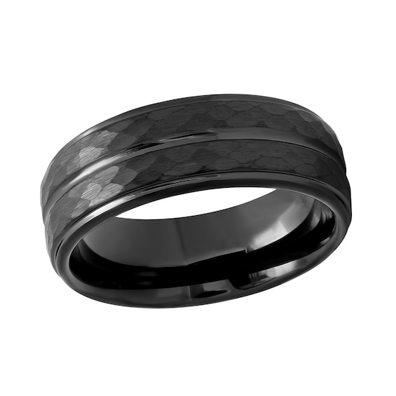 Men's 8.0mm Hammered Groove Stepped Edge Comfort-Fit Engravable Wedding Band in Tantalum with Black IP (1 Line)