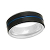 Thumbnail Image 1 of 8.0mm Satin Groove Comfort-Fit Engravable Wedding Band in Stainless Steel with Black and Blue IP (1 Line)