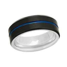 Men's 8.0mm Satin Groove Beveled Edge Comfort-Fit Wedding Band in Stainless Steel with Black and Blue IP (1 Line)