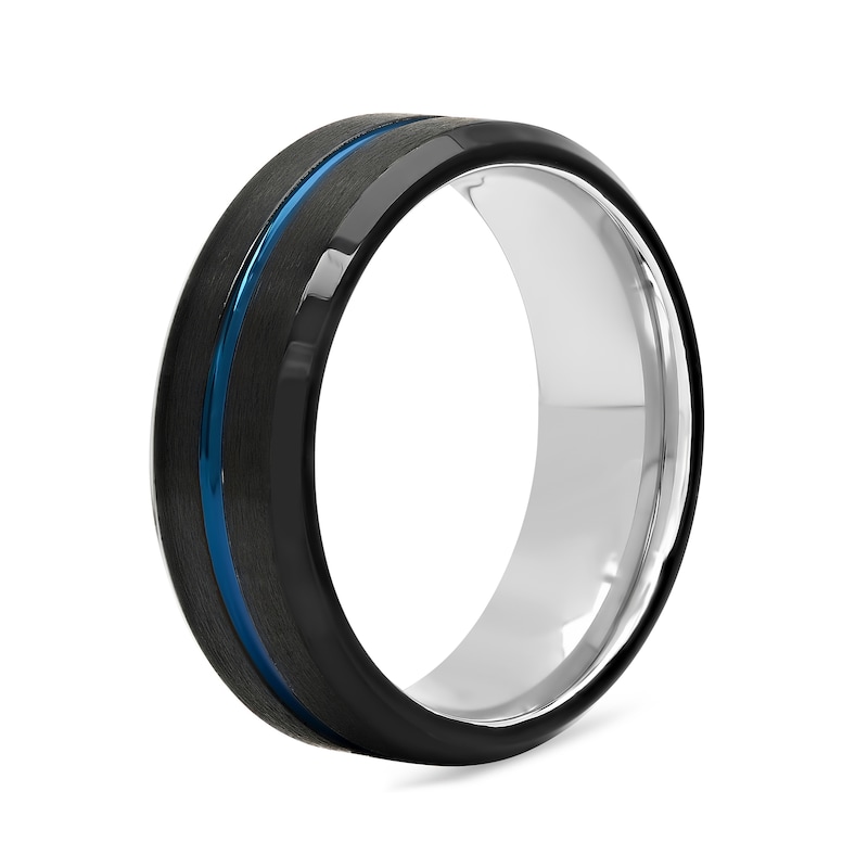 Main Image 3 of 8.0mm Satin Groove Comfort-Fit Engravable Wedding Band in Stainless Steel with Black and Blue IP (1 Line)