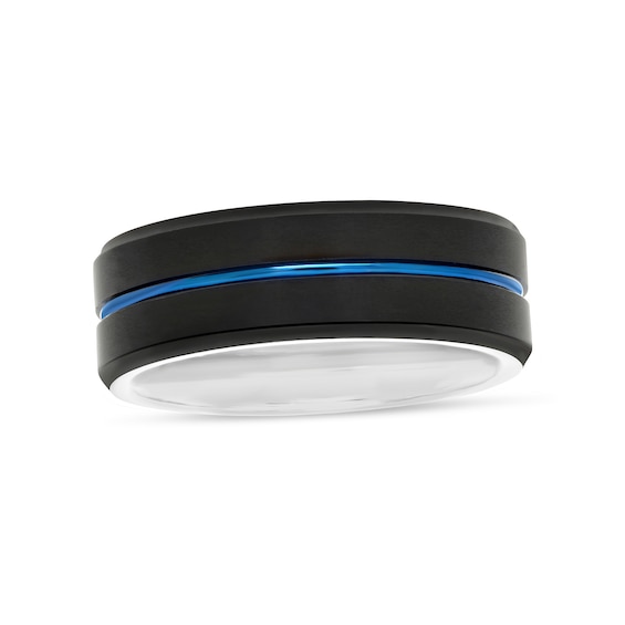 8.0mm Satin Groove Comfort-Fit Engravable Wedding Band in Stainless Steel with Black and Blue IP (1 Line)