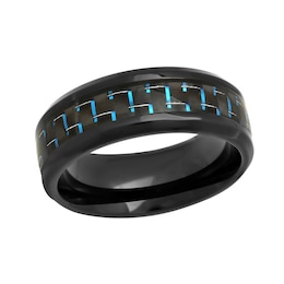 8.0mm Engravable Wedding Band in Stainless Steel with Black and Blue IP and Woven Carbon Fiber Inlay (1 Line)