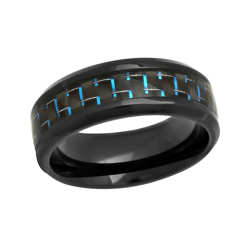 Main Image 1 of 8.0mm Engravable Wedding Band in Stainless Steel with Black and Blue IP and Woven Carbon Fiber Inlay (1 Line)