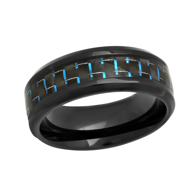 Men's 8.0mm Engravable Wedding Band in Stainless Steel with Black and Blue IP and Woven Carbon Fiber Inlay (1 Line)