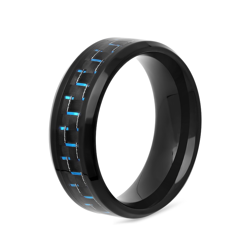Main Image 3 of 8.0mm Engravable Wedding Band in Stainless Steel with Black and Blue IP and Woven Carbon Fiber Inlay (1 Line)