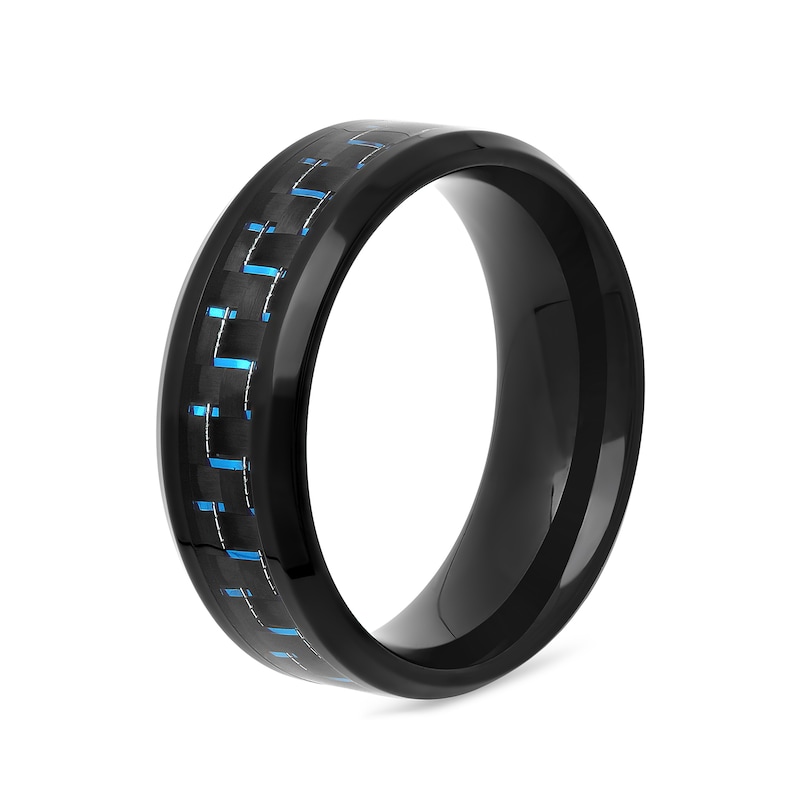 Men's 8.0mm Engravable Wedding Band in Stainless Steel with Black and Blue IP and Woven Carbon Fiber Inlay (1 Line)