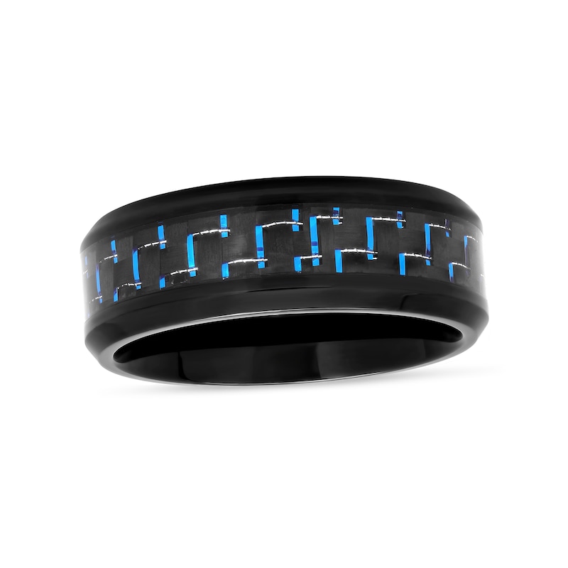 Men's 8.0mm Engravable Wedding Band in Stainless Steel with Black and Blue IP and Woven Carbon Fiber Inlay (1 Line)