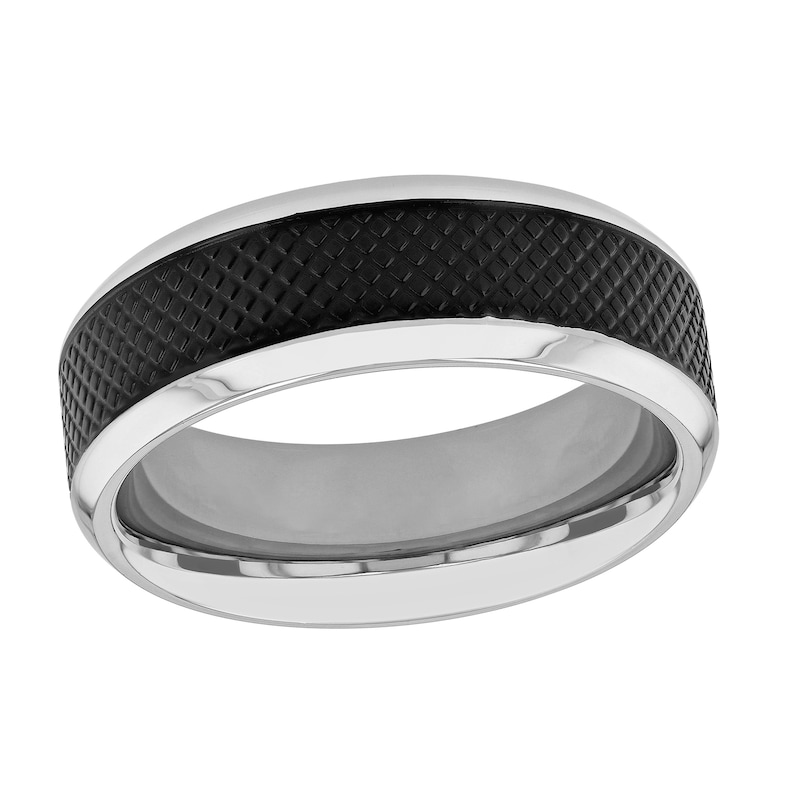 Men's 8.0mm Satin Quilt Pattern Inlay Beveled Edge Comfort-Fit Wedding Band in Stainless Steel and Black IP (1 Line)