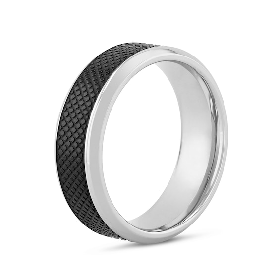 8.0mm Satin Quilt Pattern Inlay Beveled Edge Comfort-Fit Wedding Band in Stainless Steel and Black IP (1 Line)