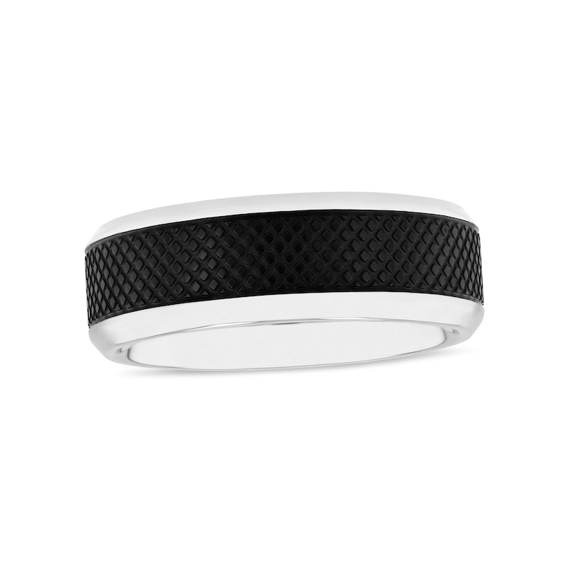 Main Image 4 of 8.0mm Satin Quilt Pattern Inlay Beveled Edge Comfort-Fit Wedding Band in Stainless Steel and Black IP (1 Line)
