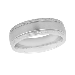 Men's 7.0mm Satin Inlay Diamond-Cut Beveled Edge Comfort-Fit Engravable Wedding Band in Stainless Steel (1 Line)