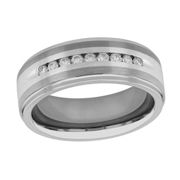 Men's 1/4 CT. T.W. Diamond Multi-Finish Stepped Edge Comfort-Fit Wedding Band in Stainless Steel and Tungsten (1 Line)