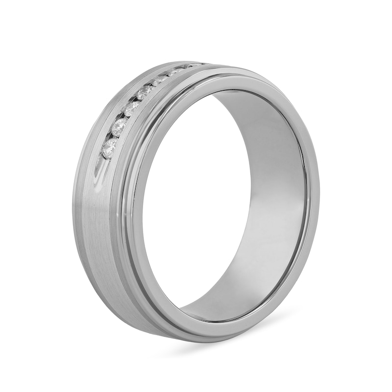 Men's 1/4 CT. T.W. Diamond Stepped Edge Comfort-Fit Engravable Wedding Band in Stainless Steel and Tungsten (1 Line)