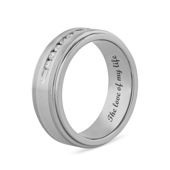 1/4 CT. T.w. Diamond Stepped Edge Comfort-Fit Engravable Wedding Band in Stainless Steel and Tungsten (1 Line)