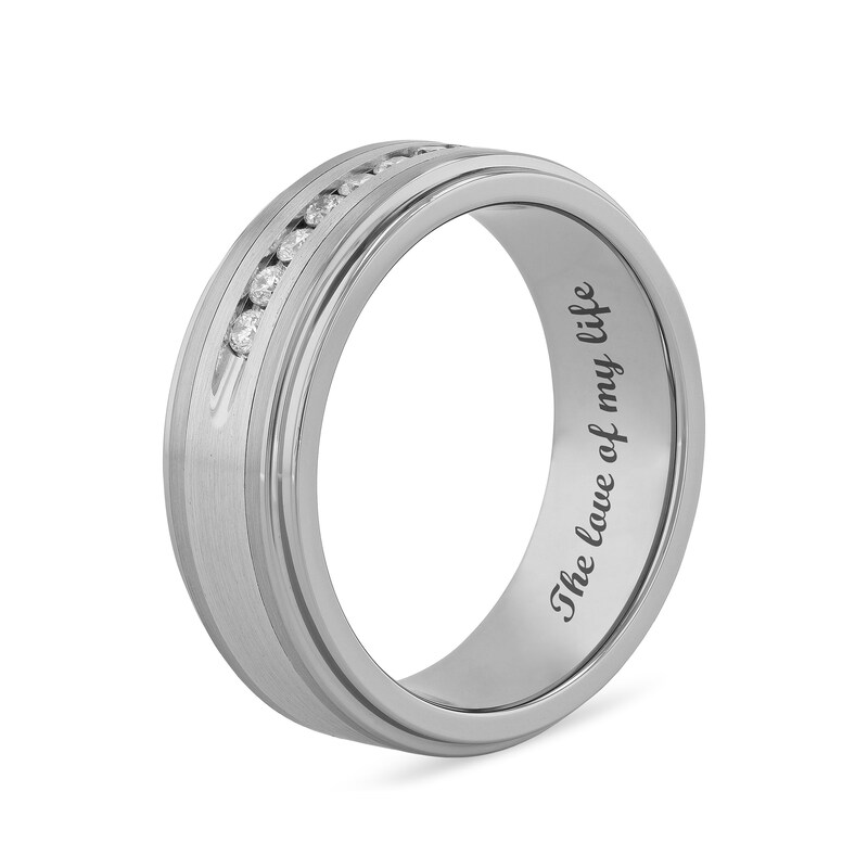 Men's 1/4 CT. T.W. Diamond Stepped Edge Comfort-Fit Engravable Wedding Band in Stainless Steel and Tungsten (1 Line)