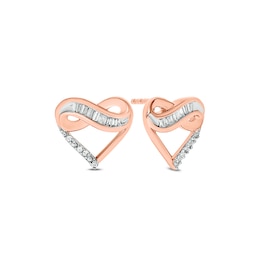 1/10 CT. T.W. Baguette and Round Diamond Infinity Heart Stud Earrings in 10K Rose Gold