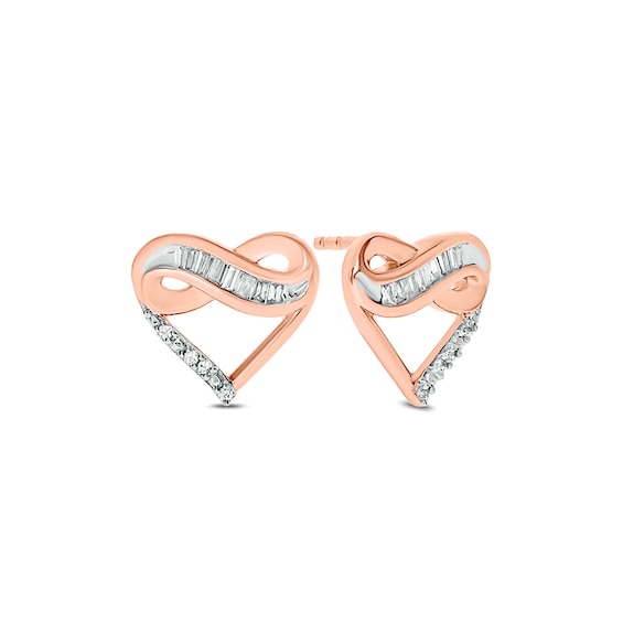 1/10 CT. T.w. Baguette and Round Diamond Infinity Heart Stud Earrings in 10K Rose Gold