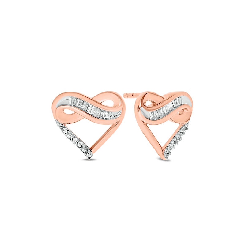 Main Image 1 of 1/10 CT. T.W. Baguette and Round Diamond Infinity Heart Stud Earrings in 10K Rose Gold