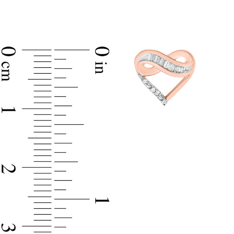 Main Image 2 of 1/10 CT. T.W. Baguette and Round Diamond Infinity Heart Stud Earrings in 10K Rose Gold