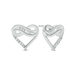1/10 CT. T.W. Baguette and Round Diamond Infinity Heart Stud Earrings in 10K White Gold