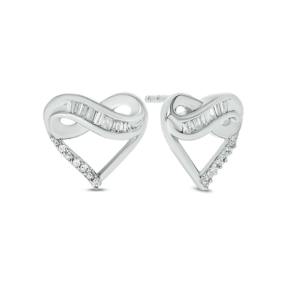1/10 CT. T.w. Baguette and Round Diamond Infinity Heart Stud Earrings in 10K White Gold