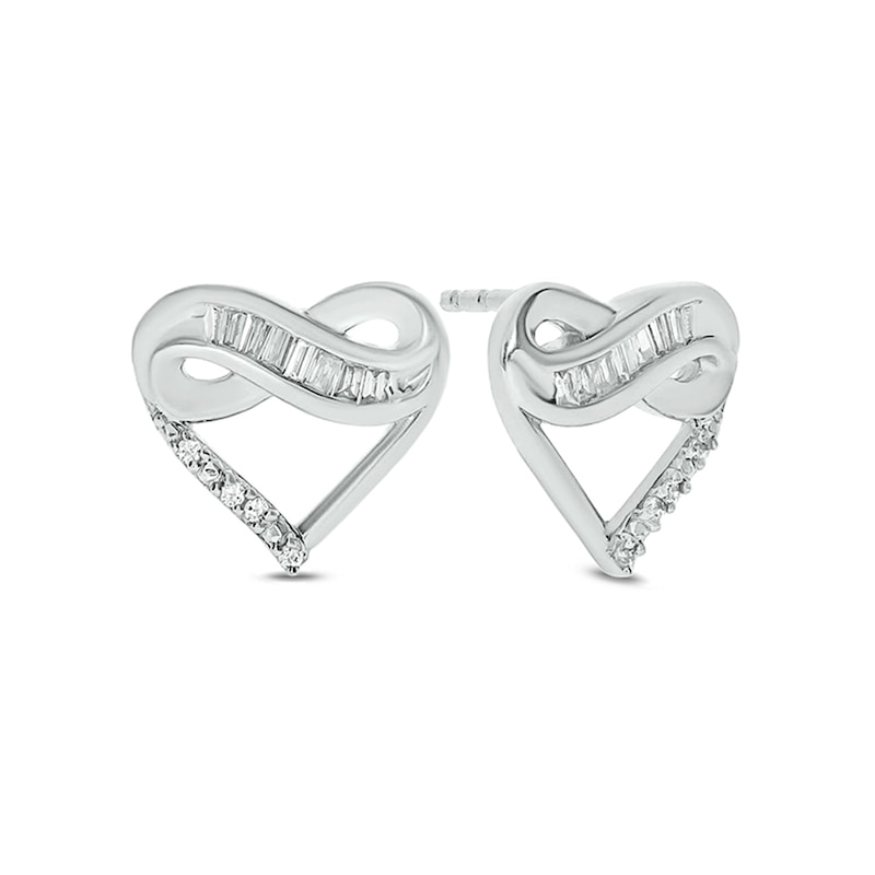 Main Image 1 of 1/10 CT. T.W. Baguette and Round Diamond Infinity Heart Stud Earrings in 10K White Gold