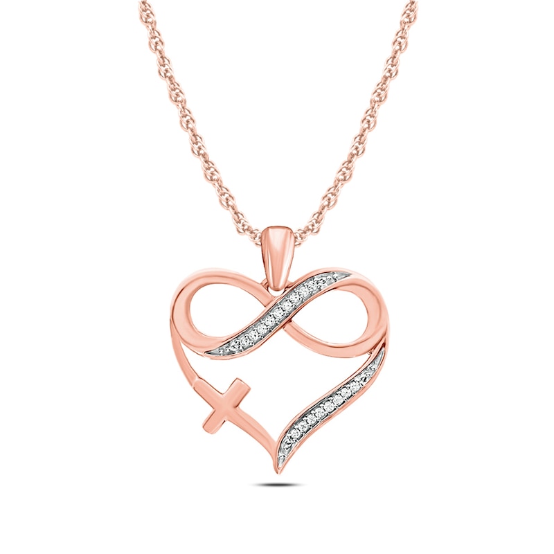 Main Image 1 of 1/20 CT. T.W. Diamond Infinity Cross Heart Pendant in 10K Rose Gold