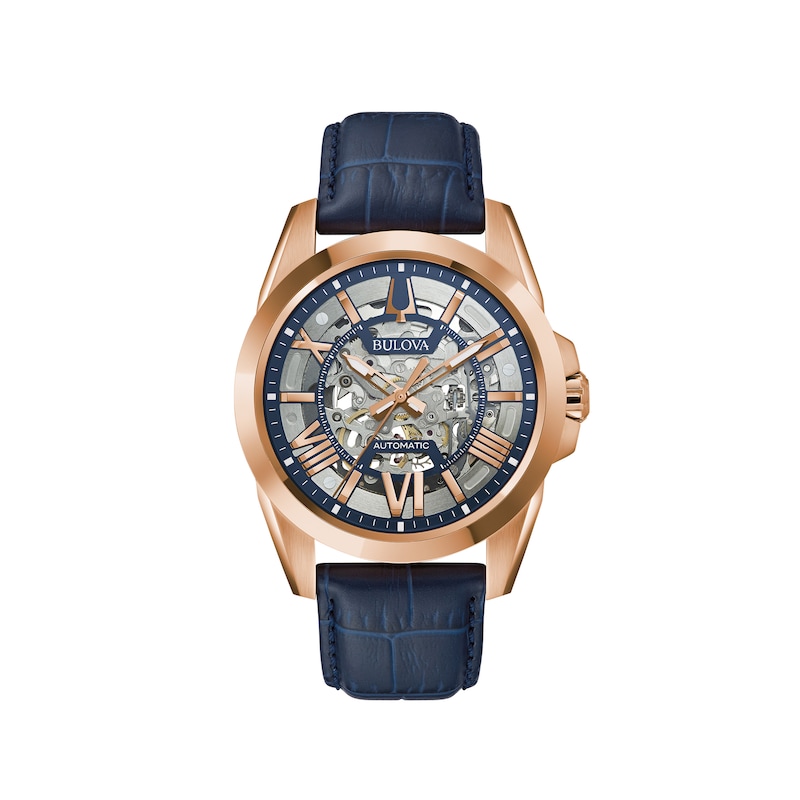 Main Image 1 of Men's Bulova Sutton Automatic Rose-Tone Strap Watch with Two-Tone Skeleton Dial (Model: 97A161)