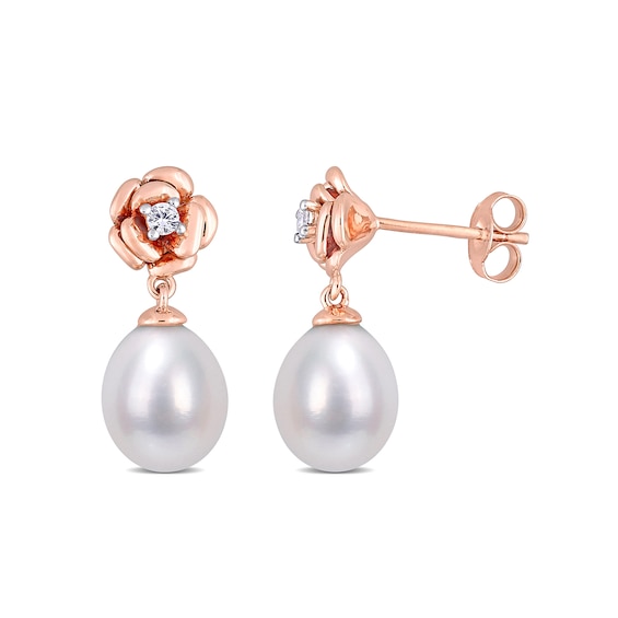 Baroque Cultured Freshwater Pearl and Lab-Created White Sapphire Rose Drop Earrings in Sterling Silver with Rose Rhodium Baroque Cultured Freshwater Pearl and Lab-Created White Sapphire Rose Drop Earrings in Sterling Silver with Rose Rhodium