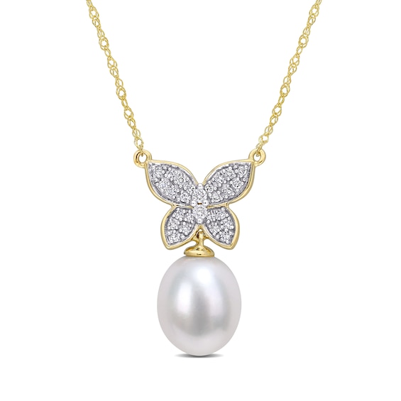 9.0-10.0mm Baroque Cultured Freshwater Pearl Drop and 1/8 CT. T.W. Diamond Butterfly Necklace in 10K Gold - 17" 9.0-10.0mm Baroque Cultured Freshwater Pearl Drop and 1/8 CT. T.W. Diamond Butterfly Necklace in 10K Gold - 17"