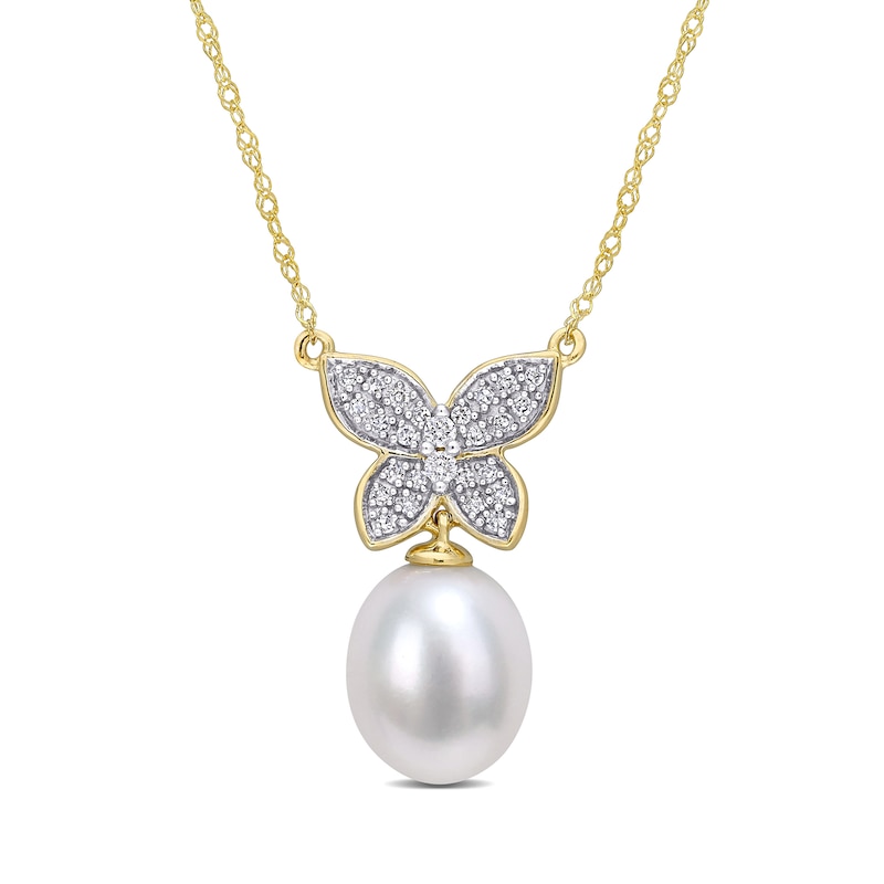 9.0-10.0mm Baroque Cultured Freshwater Pearl Drop and 1/8 CT. T.W. Diamond Butterfly Necklace in 10K Gold - 17"
