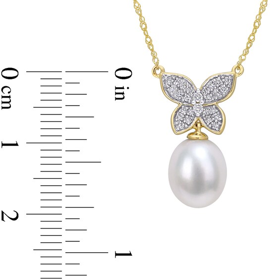 9.0-10.0mm Baroque Cultured Freshwater Pearl Drop and 1/8 CT. T.W. Diamond Butterfly Necklace in 10K Gold - 17" 9.0-10.0mm Baroque Cultured Freshwater Pearl Drop and 1/8 CT. T.W. Diamond Butterfly Necklace in 10K Gold - 17"