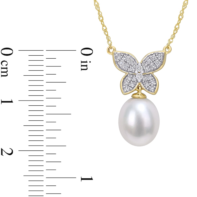 9.0-10.0mm Baroque Cultured Freshwater Pearl Drop and 1/8 CT. T.W. Diamond Butterfly Necklace in 10K Gold - 17"