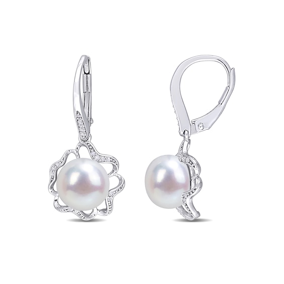 9.0-9.5mm Button Cultured Freshwater Pearl and 1/8 CT. T.W. Diamond Clover Frame Drop Earrings in Sterling Silver 9.0-9.5mm Button Cultured Freshwater Pearl and 1/8 CT. T.W. Diamond Clover Frame Drop Earrings in Sterling Silver