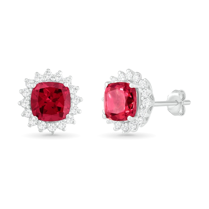6.0mm Cushion-Cut Lab-Created Ruby and White Sapphire Sunburst Frame Stud Earrings in Sterling Silver