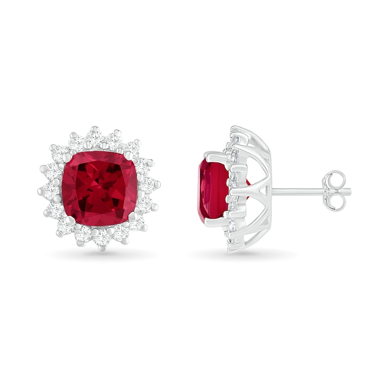 6.0mm Cushion-Cut Lab-Created Ruby and White Sapphire Sunburst Frame Stud Earrings in Sterling Silver