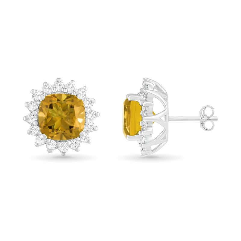 6.0mm Cushion-Cut Citrine and White Lab-Created Sapphire Sunburst Frame Stud Earrings in Sterling Silver
