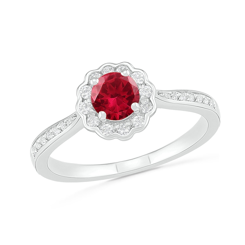 5.2mm Lab-Created Ruby and White Sapphire Frame Tapered Shank Flower Ring in Sterling Silver