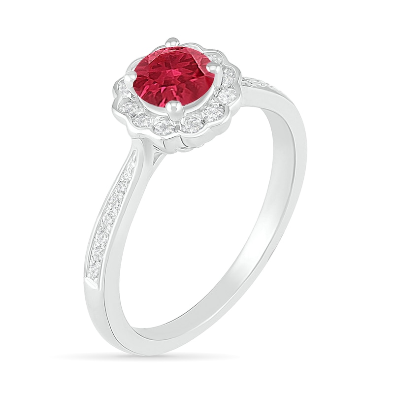 5.2mm Lab-Created Ruby and White Sapphire Frame Tapered Shank Flower Ring in Sterling Silver