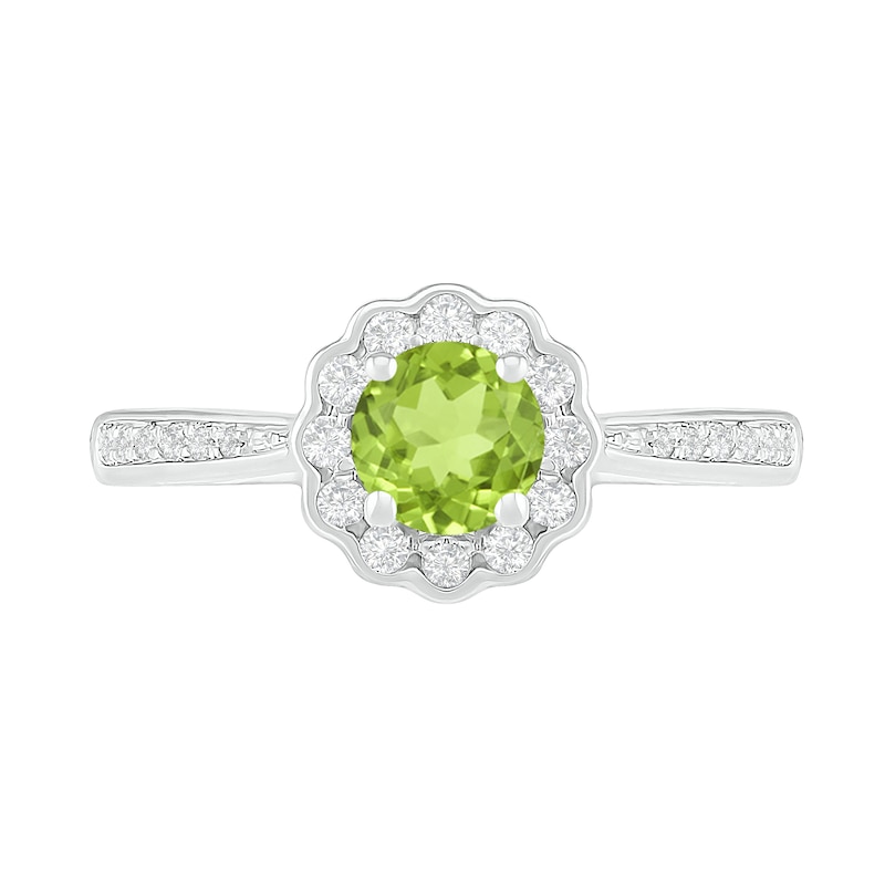 5.2mm Peridot and White Lab-Created Sapphire Frame Tapered Shank Flower Ring in Sterling Silver