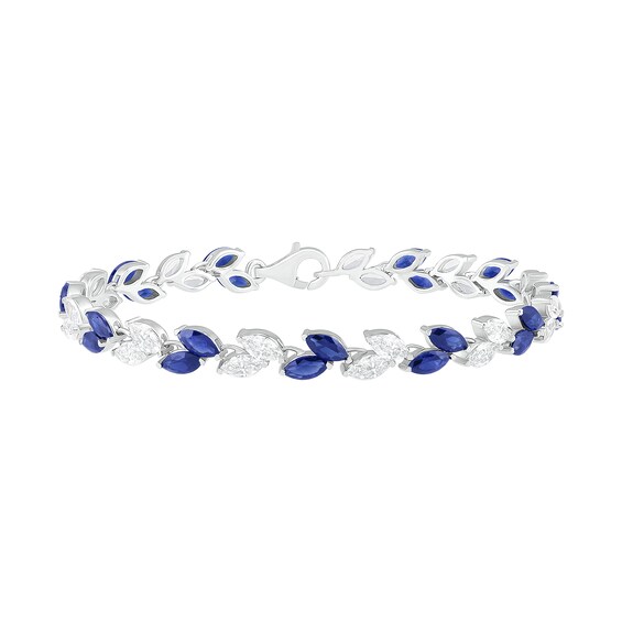 Marquise Blue and White Lab-Created Sapphire Alternating Leaf Bracelet in Sterling Silver - 7.5"