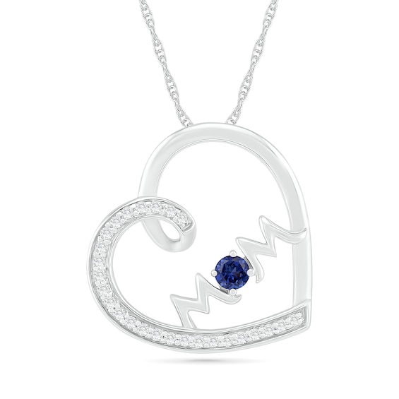 3.0mm Blue and White Lab-Created Sapphire Mom Tilted Loop Heart Pendant in Sterling Silver