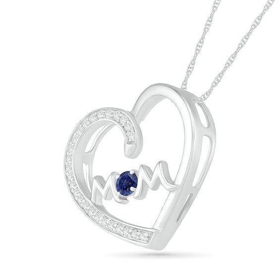 3.0mm Blue and White Lab-Created Sapphire Mom Tilted Loop Heart Pendant in Sterling Silver