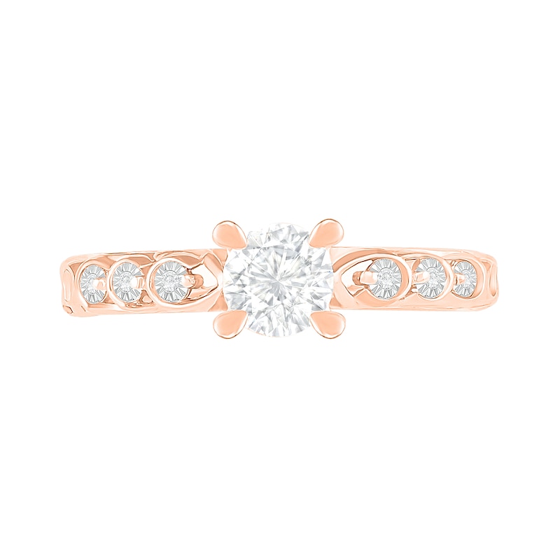 5.0mm White Lab-Created Sapphire and Diamond Accent Layered Scallop Shank Vintage-Style Ring in 10K Rose Gold
