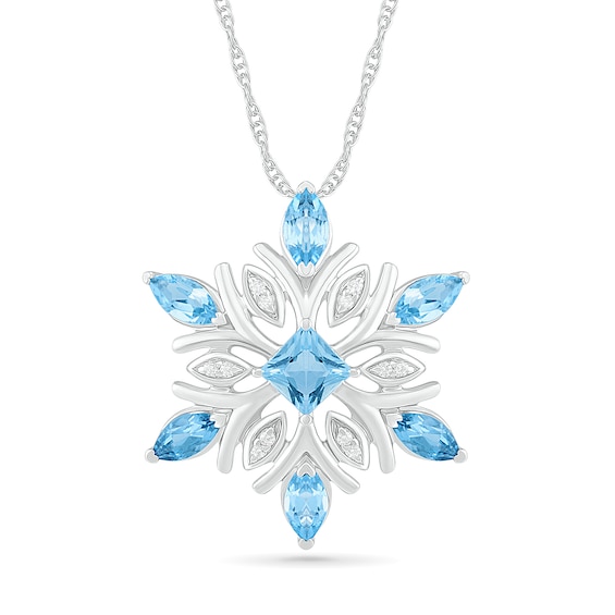 4.0mm Princess-Cut and Marquise Blue Topaz and 1/20 CT. T.w. Diamond Snowflake Pendant in Sterling Silver