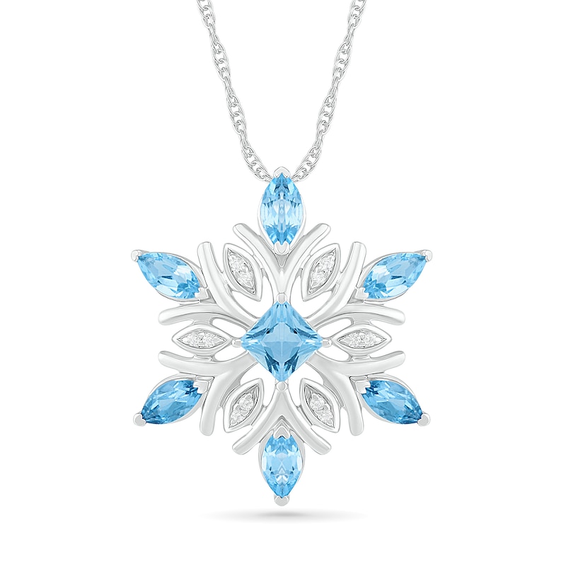 Main Image 1 of 4.0mm Princess-Cut and Marquise Blue Topaz and 1/20 CT. T.W. Diamond Snowflake Pendant in Sterling Silver