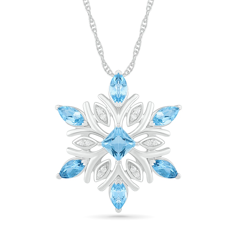 4.0mm Princess-Cut and Marquise Blue Topaz and 1/20 CT. T.W. Diamond Snowflake Pendant in Sterling Silver