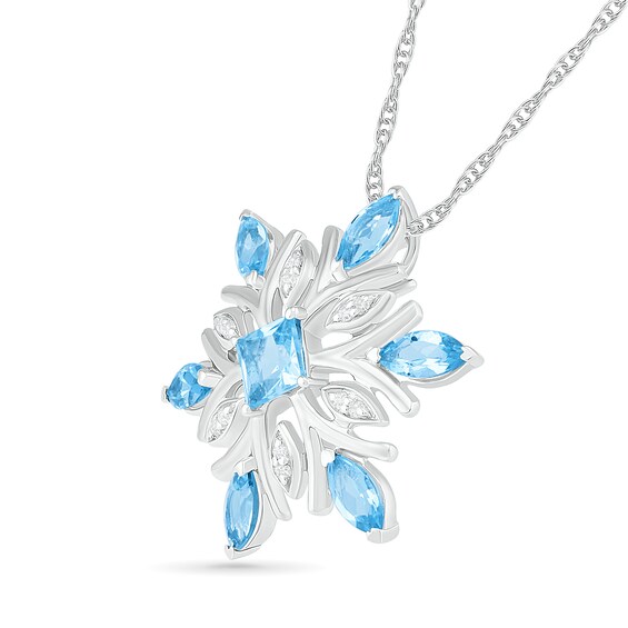 4.0mm Princess-Cut and Marquise Blue Topaz and 1/20 CT. T.w. Diamond Snowflake Pendant in Sterling Silver