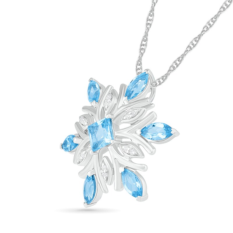 4.0mm Princess-Cut and Marquise Blue Topaz and 1/20 CT. T.W. Diamond Snowflake Pendant in Sterling Silver