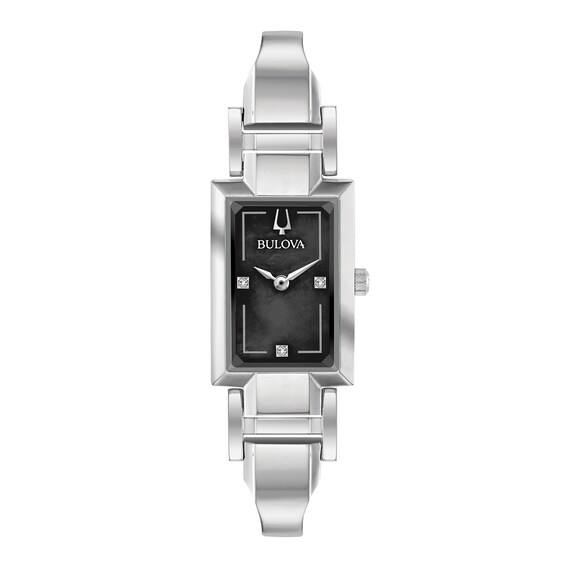 Ladies' Bulova Diamond Accent Bangle Watch with Rectangular Black Mother-of-Pearl Dial (Model: 96P209)